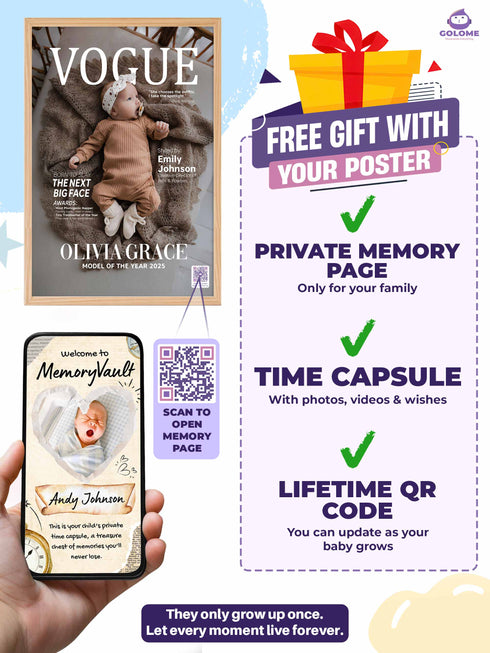 Baby Fashion Magazine Poster, Personalized Baby Canvas with Photo & Text, Custom Newborn Keepsake, Nursery Wall Art with QR MemoryVault